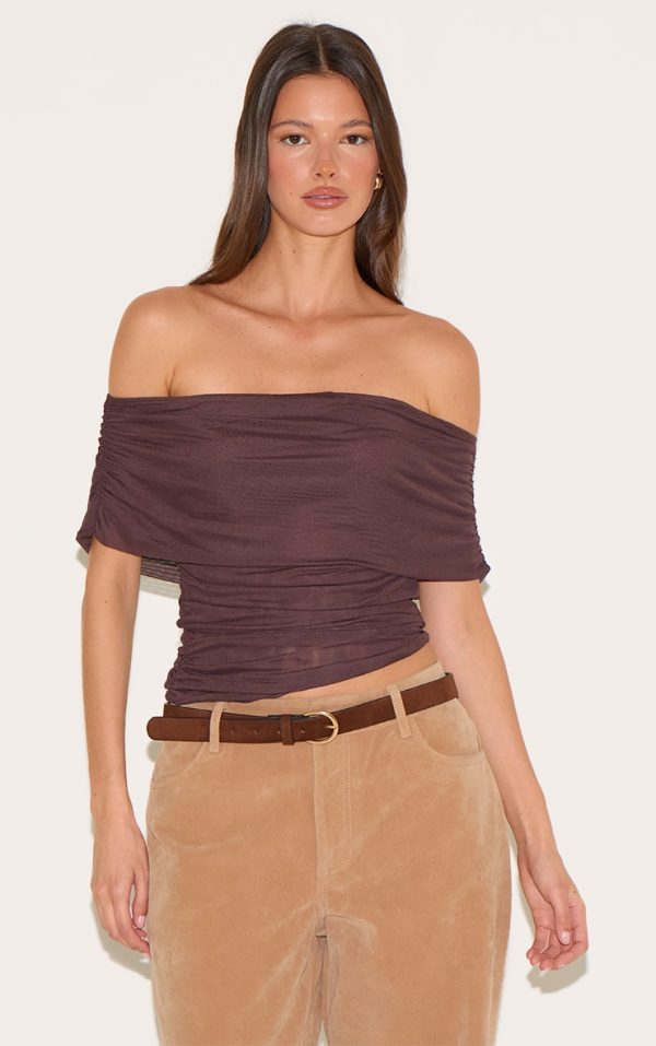 Deep Chocolate Mesh Foldover Ruched Bandeau Top