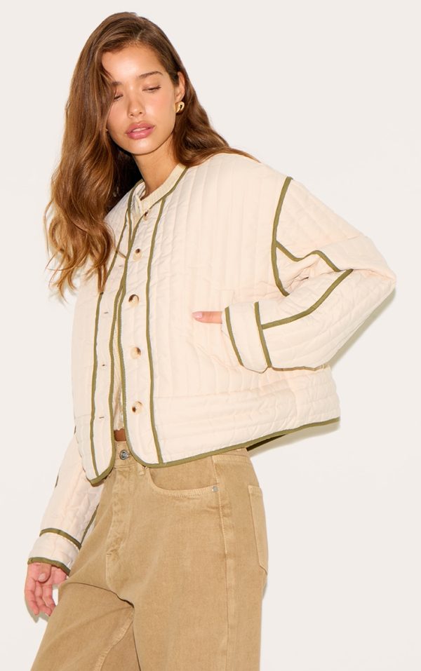 Cream Button Up Round Neck Quilted Jacket