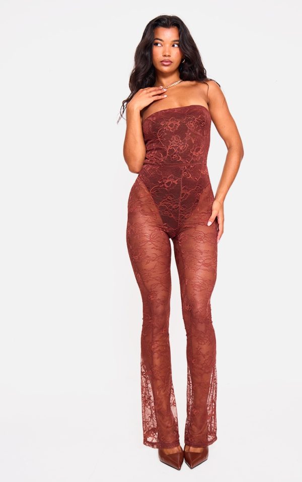 Brown Lace Bodysuit Detail Bandeau Jumpsuit