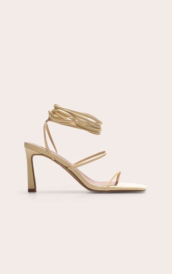 Lemon Pu Square Toe Strappy Lace Up Mid Stiletto Heeled Sandals