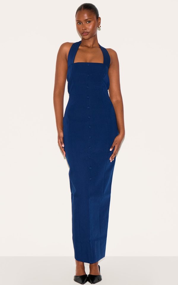 Navy Woven Halter Button Maxi Dress