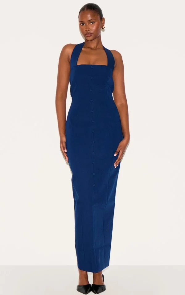 Navy Woven Halter Button Maxi Dress