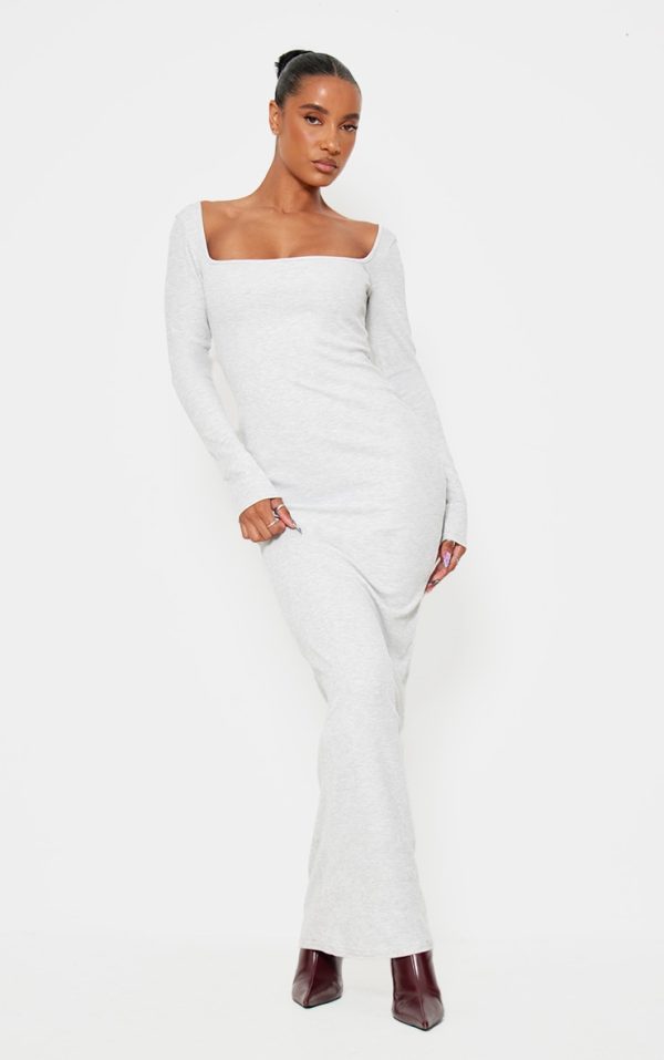 Light Grey Heavy Rib Square Neck Maxi Dress