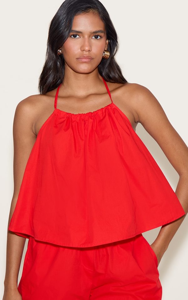 Tomato Red Poplin Low Back Halterneck Top
