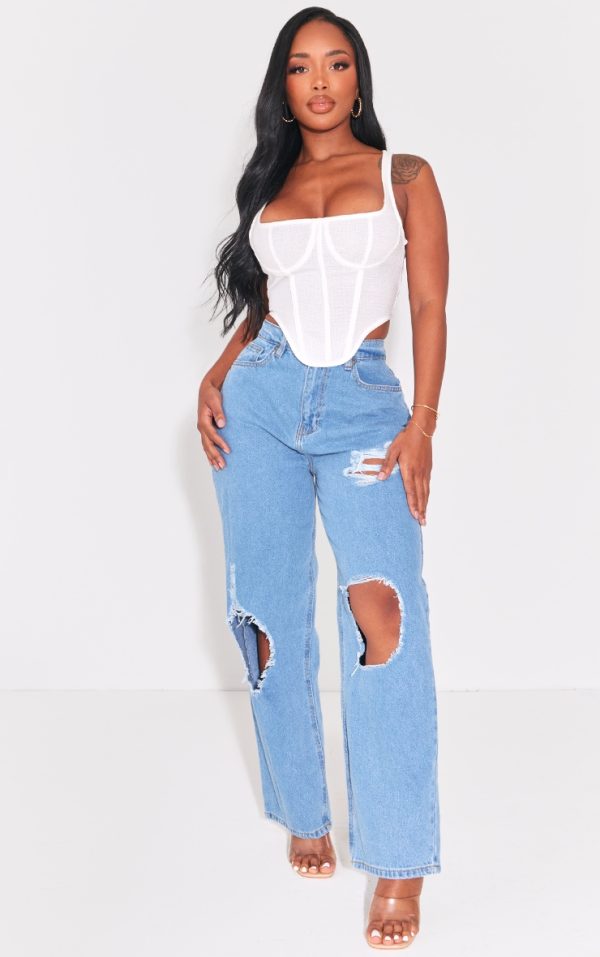 PRETTYLITTLETHING Shape Light Blue High Waist Ripped Wide Leg Jeans
