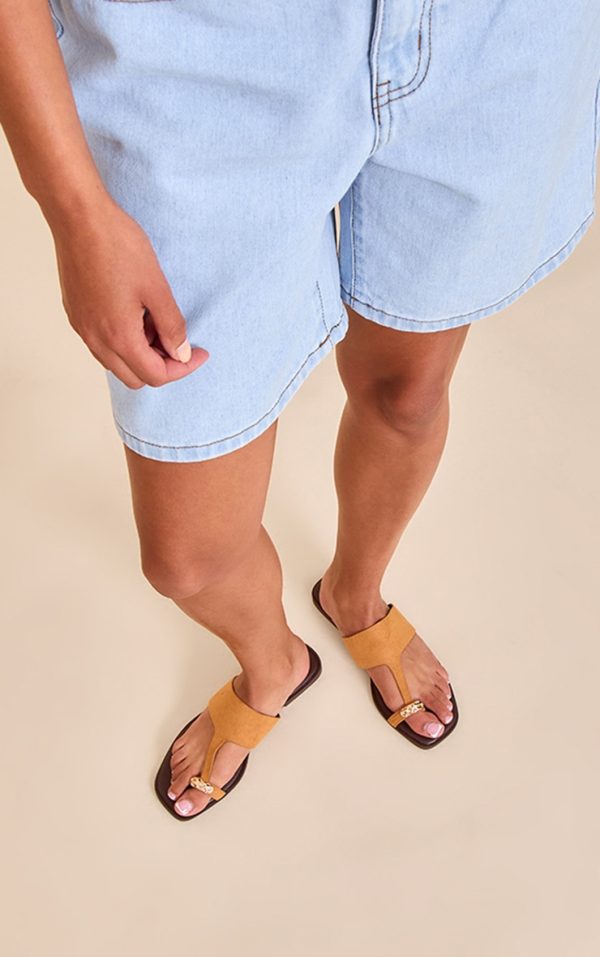 Camel Faux Suede Toe Thong Gold Hardware Sandal