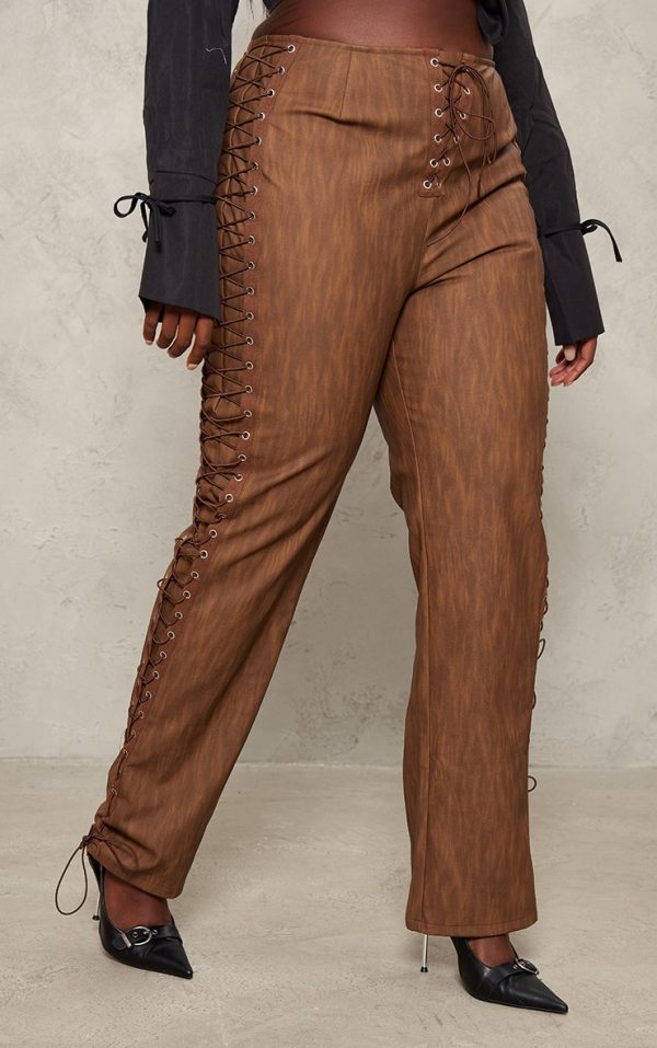 Plus Brown Premium Washed Faux Leather Lace Up Side Low Rise Pants