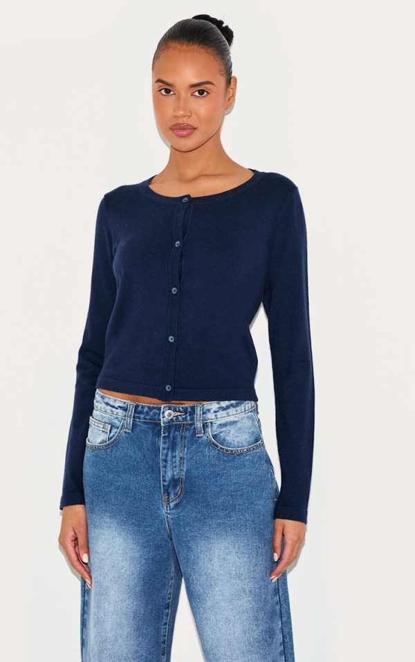 Navy  Fine Knit Button Up Cardigan