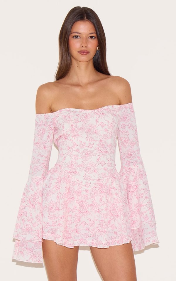 Pink Ditsy Print Bardot Flare Sleeve Romper