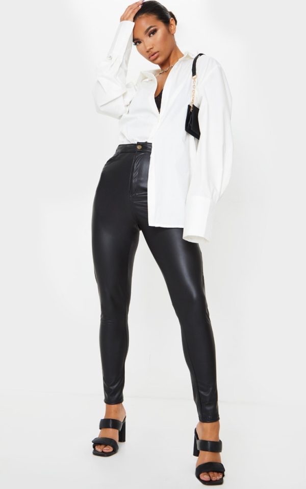 Black Button Up PU Skinny Pants