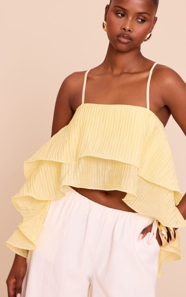 Lemon Textured Woven Floaty Cropped Front Top