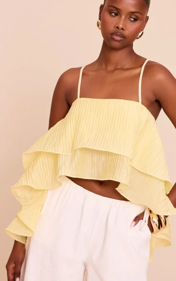 Lemon Textured Woven Floaty Cropped Front Top