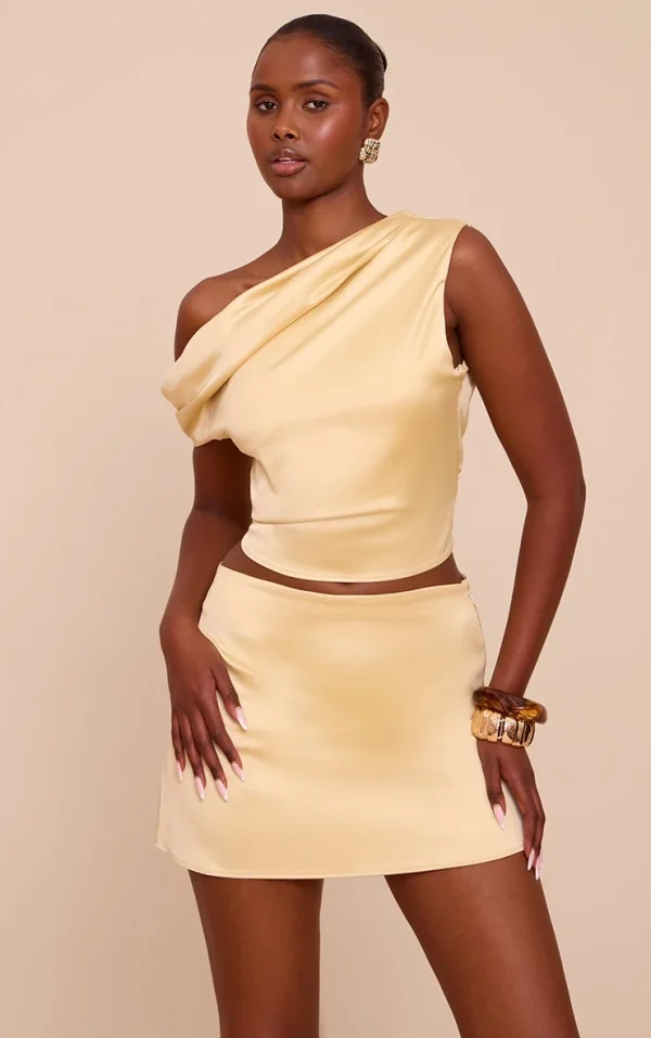 Lemon Satin Mid Rise Floaty A Line Mini Skirt