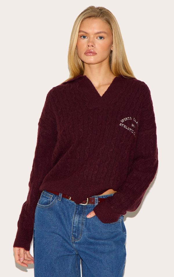 Burgundy Soft Cable Knit Embroidered Collar Detail Oversized Sweater