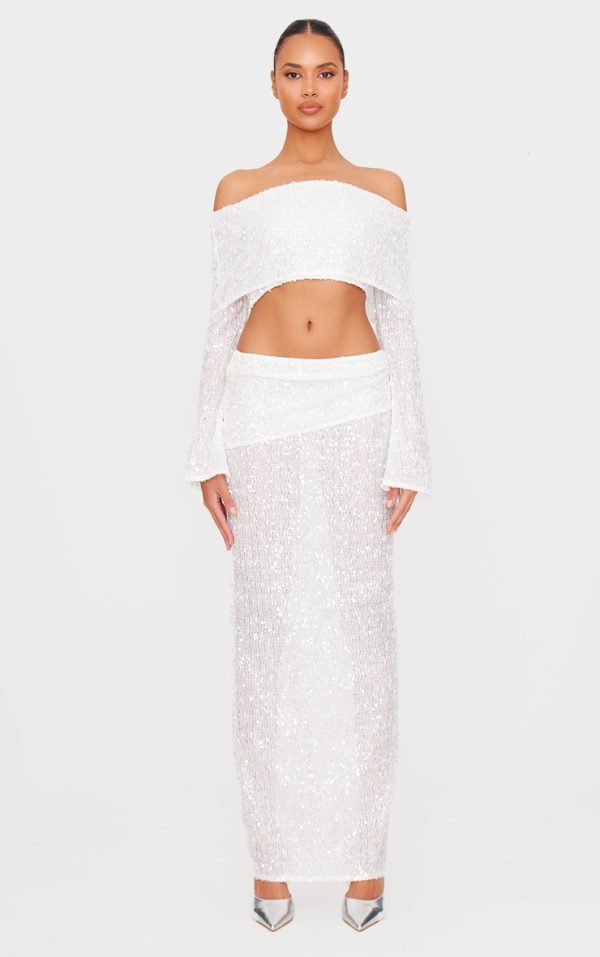 White Textured Sequin Foldover Maxi Skirt