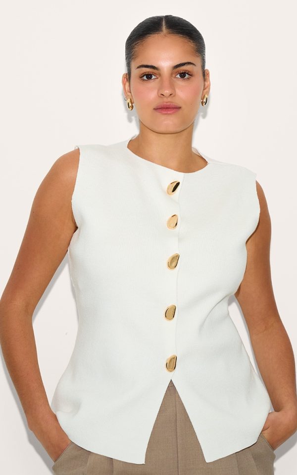 Plus Cream Compact Knit Button Up Vest