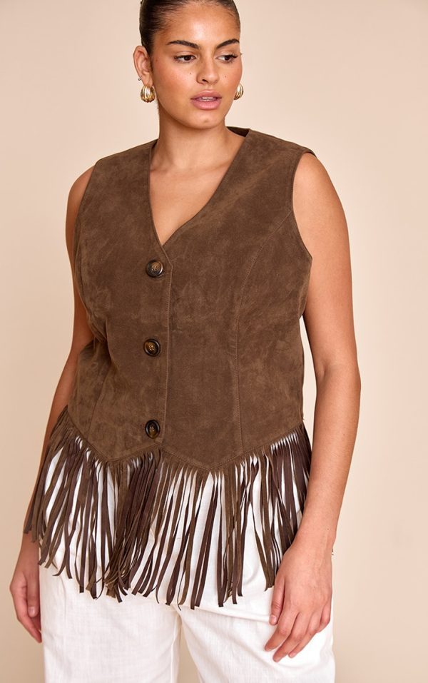 Plus Light Brown Faxu Suede Tassel Vest