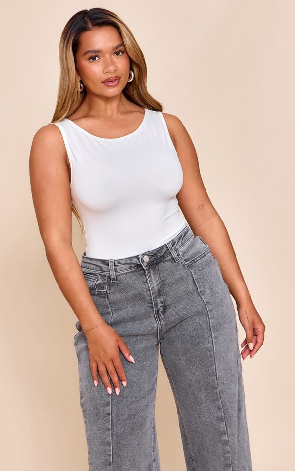 Shape White Sculpt Boat Neck Sleevless Bodysuit