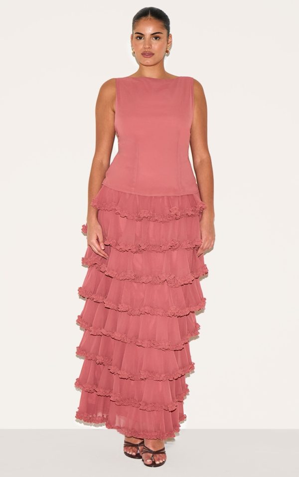 Plus Blush Rose Chiffon Tiered Frill Maxi Skirt
