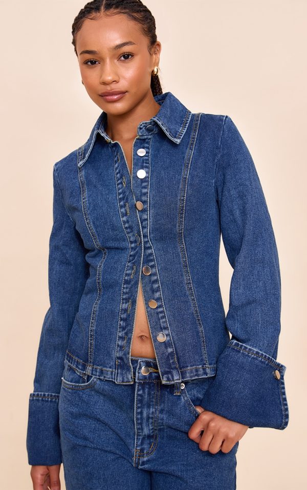 Petite Mid Blue Wash Long Sleeve Fitted Denim Shirt