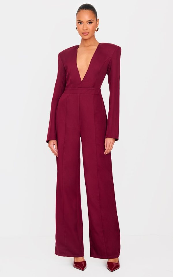 Burgundy Woven Plunge Long Sleeve Straight Leg Jumpsuit