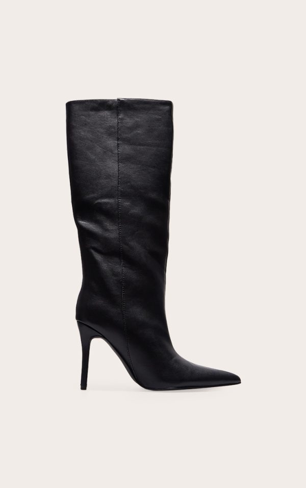 Black PU Point Toe Stiletto Knee High Heeled Boots
