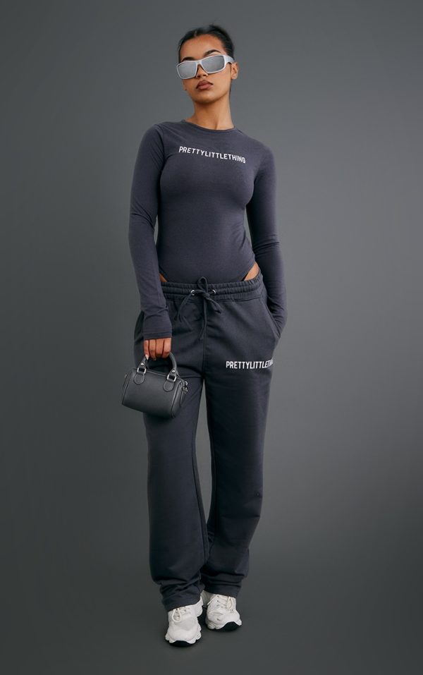 PRETTYLITTLETHING Charcoal Logo Print Straight Leg Sweatpants