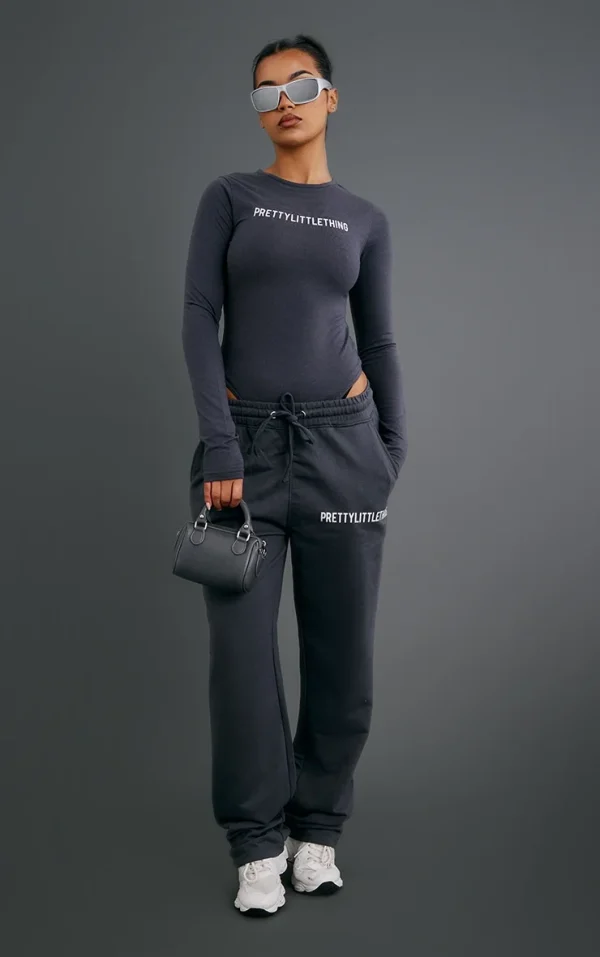 PRETTYLITTLETHING Charcoal Logo Print Straight Leg Sweatpants
