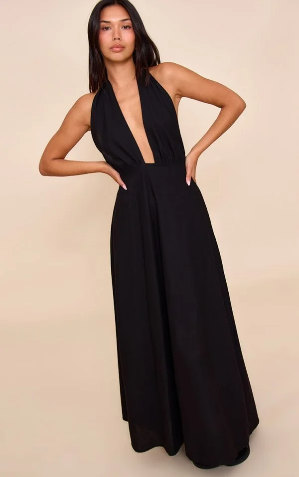 Black Plunge Halterneck Maxi Dress