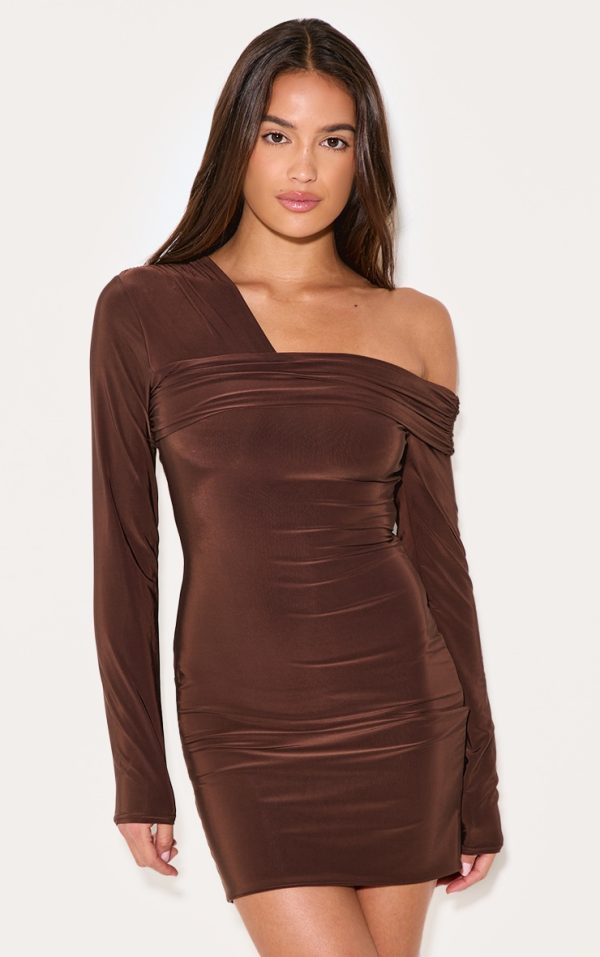 Dark Chocolate Double Layer Slinky Off Shoulder Mini Dress