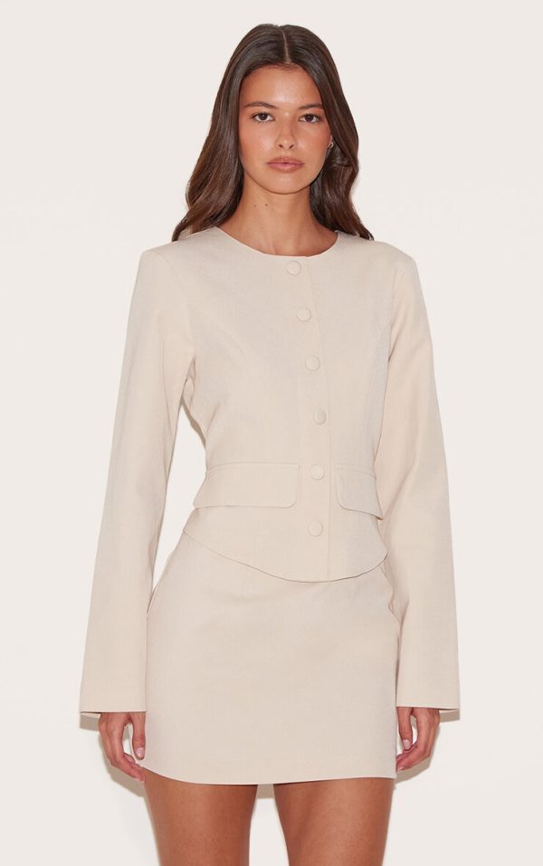Almond Woven Tailored Button Detail Mini Dress
