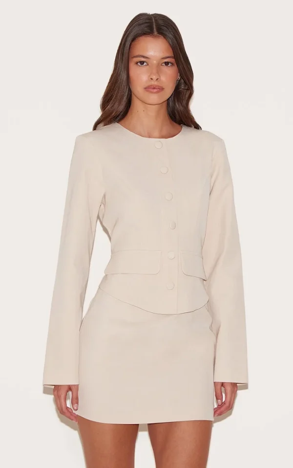Almond Woven Tailored Button Detail Mini Dress