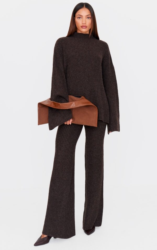 Tall Chocolate Luxe Rib Knit Wide Leg Pants