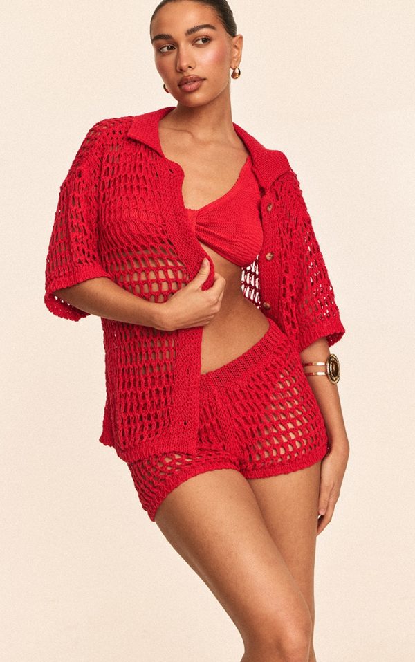 Red Mini Crochet Beach Shorts
