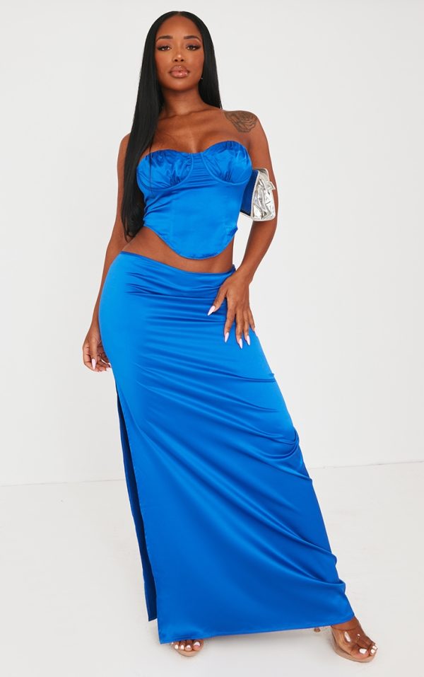 Shape Blue Satin Low Rise Maxi Skirt