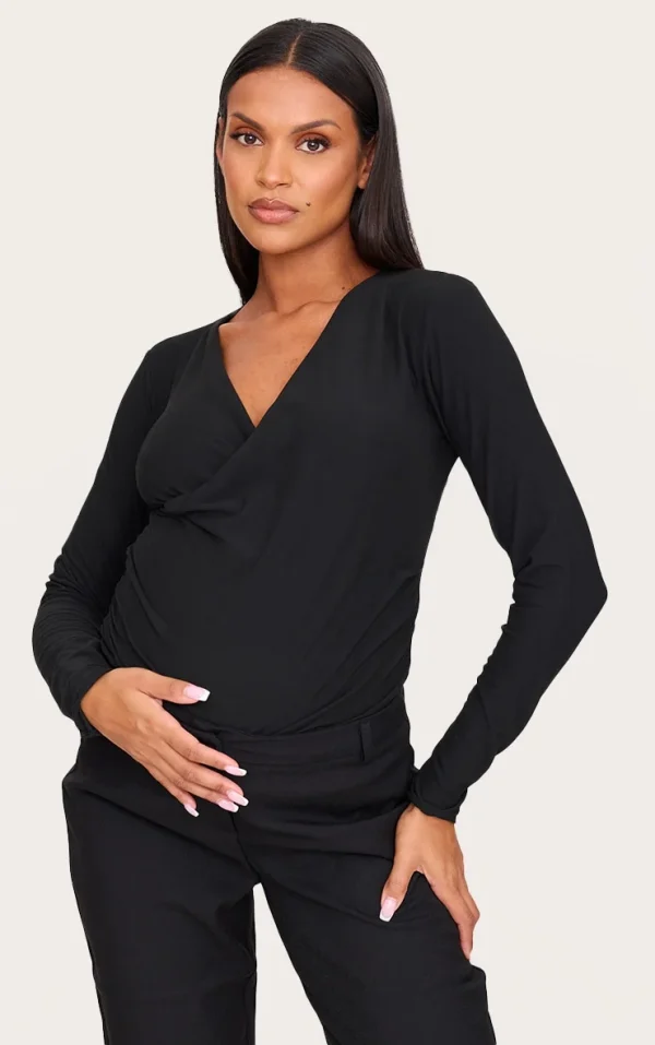 Maternity Black Soft Touch Ruched Long Sleeve Longline Top