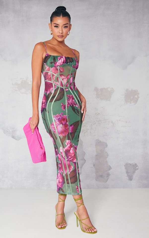 Green Floral Print Mesh Binding Detail Midaxi Dress