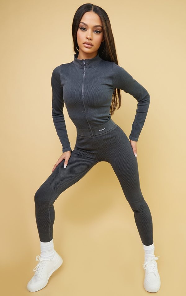 Charcoal Acid Wash Rib Seamless High Waist Gym Leggings