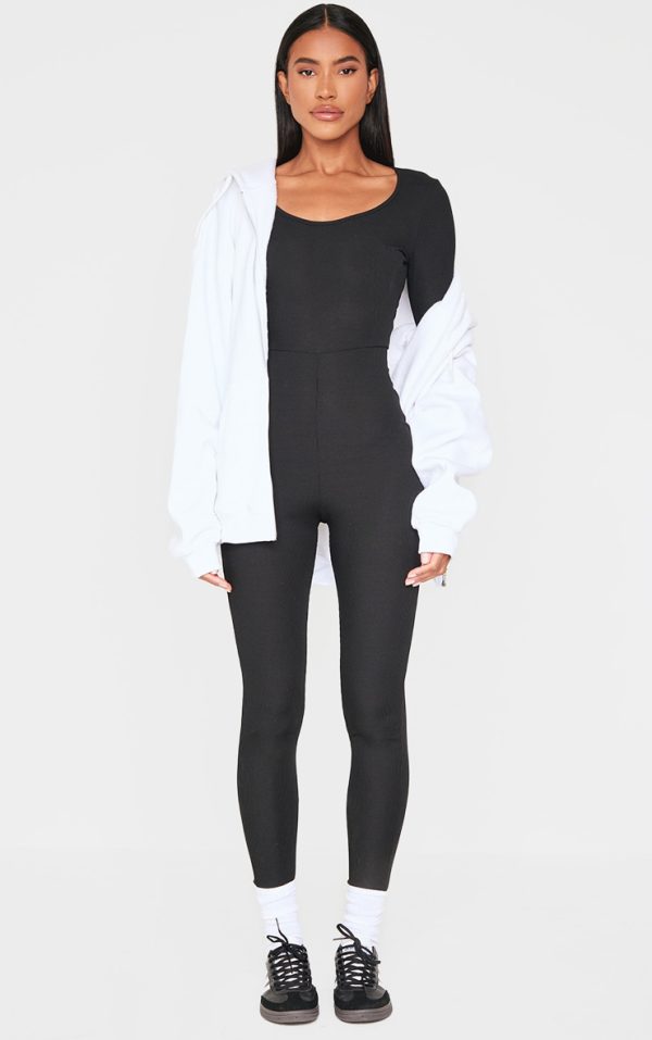 Black Ribbed Long Sleeve Scoop Neck Jumpsuit