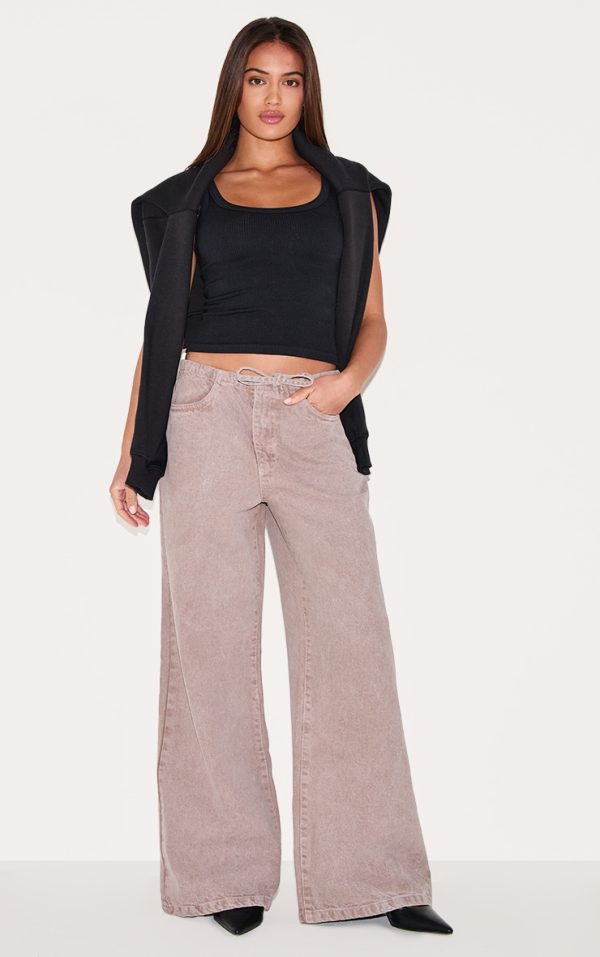 Mushroom Low Rise Tie Waistband Wide Leg Jeans