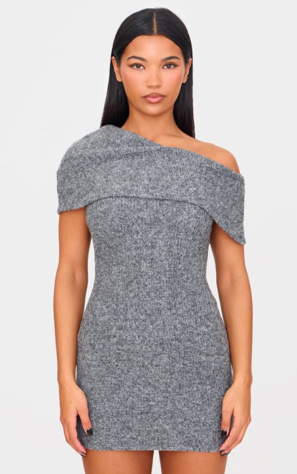 Charcoal Brushed Rib Asymmetric Bodycon Dress