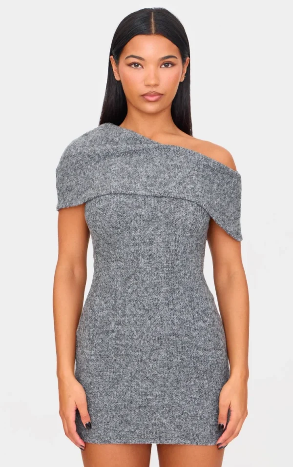 Charcoal Brushed Rib Asymmetric Bodycon Dress
