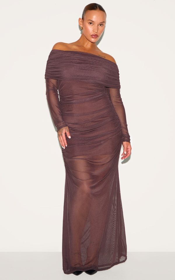 Plus Dark Chocolate Mesh Overlay Long Sleeve Bardot Maxi Dress
