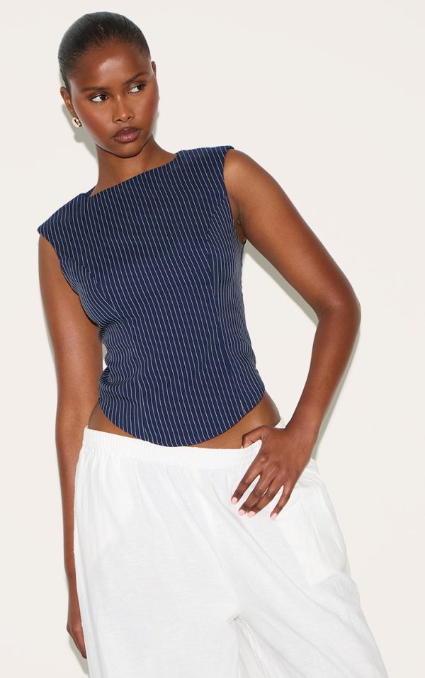 Navy Striped Cotton Tailored Sleeveless Top