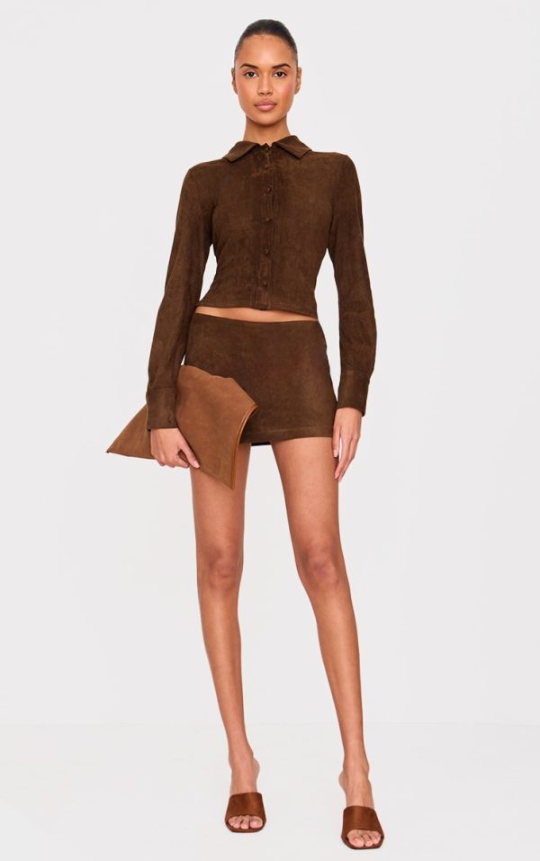 Chocolate Distressed Faux Suede Low Rise Micro Mini Skirt