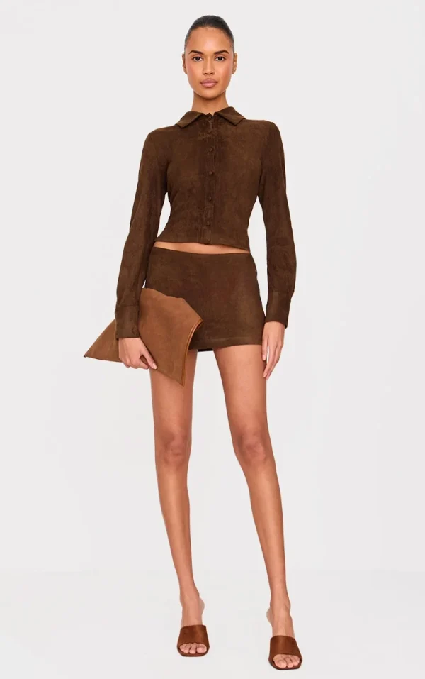 Chocolate Distressed Faux Suede Low Rise Micro Mini Skirt