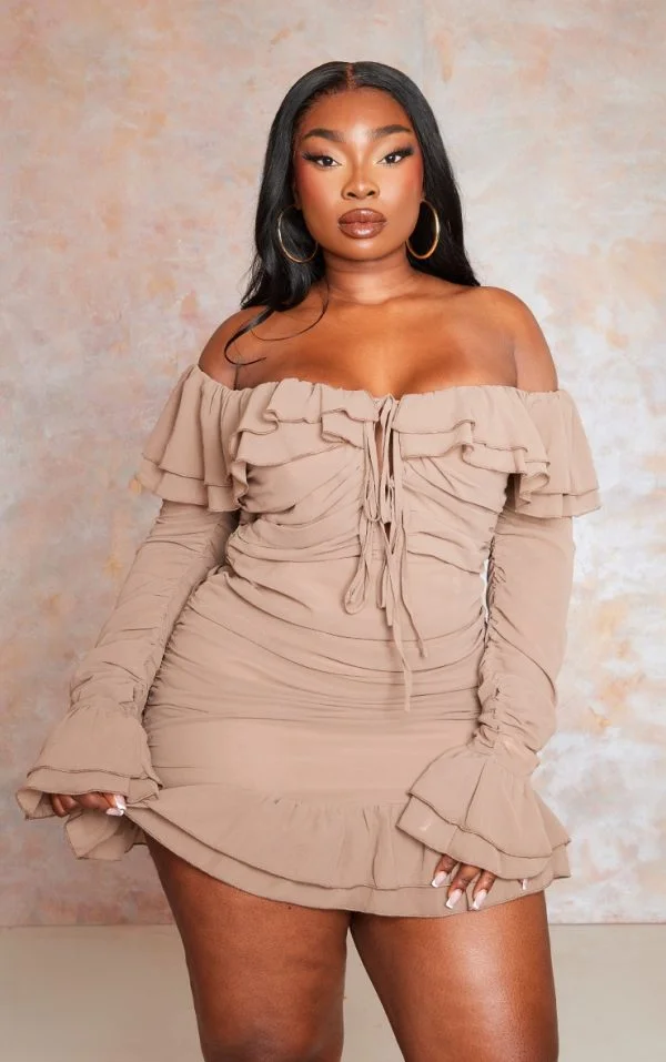 Plus Mocha Bardot Ruffle Detail Shift Dress
