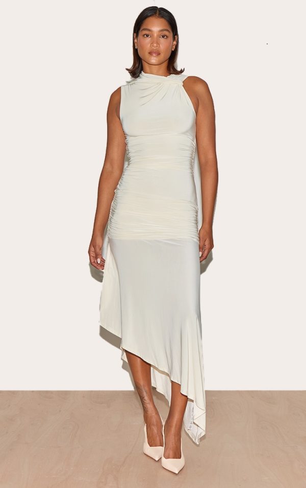 Cream Double Layer Slinky Asymmetrical Ruched Midaxi Dress