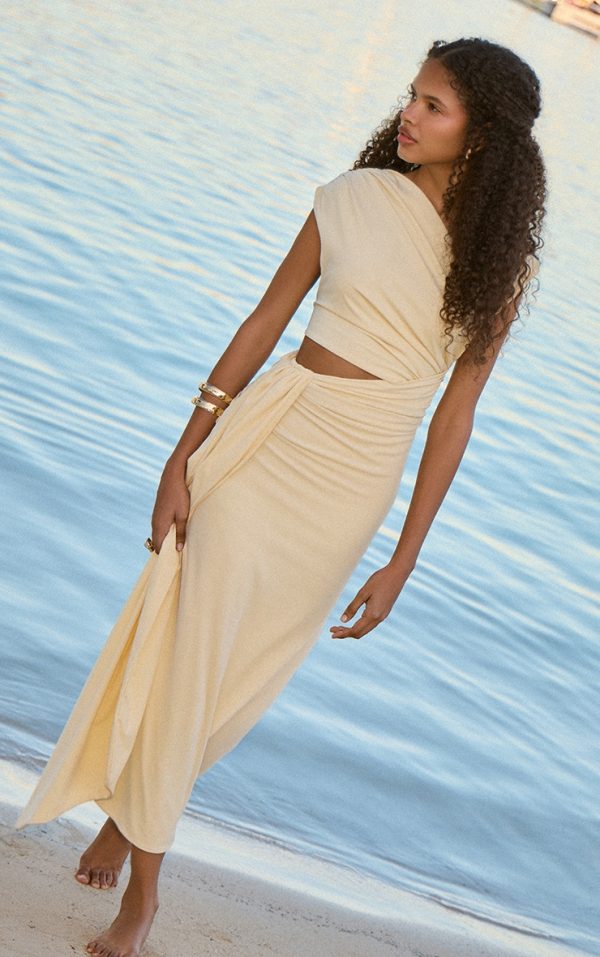 Almond Soft Touch Ruched Asymmetric Cut Out Maxi Dress