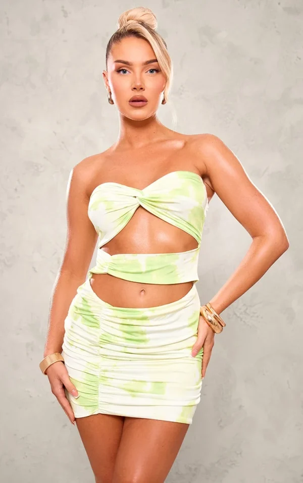 Green Floral Print Twist Detail Cut Out Bodycon Dress